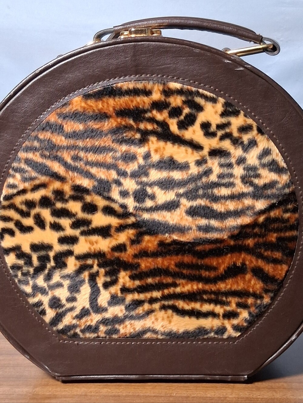Round Leopard-Print Mini Handbag in Brown and Tan